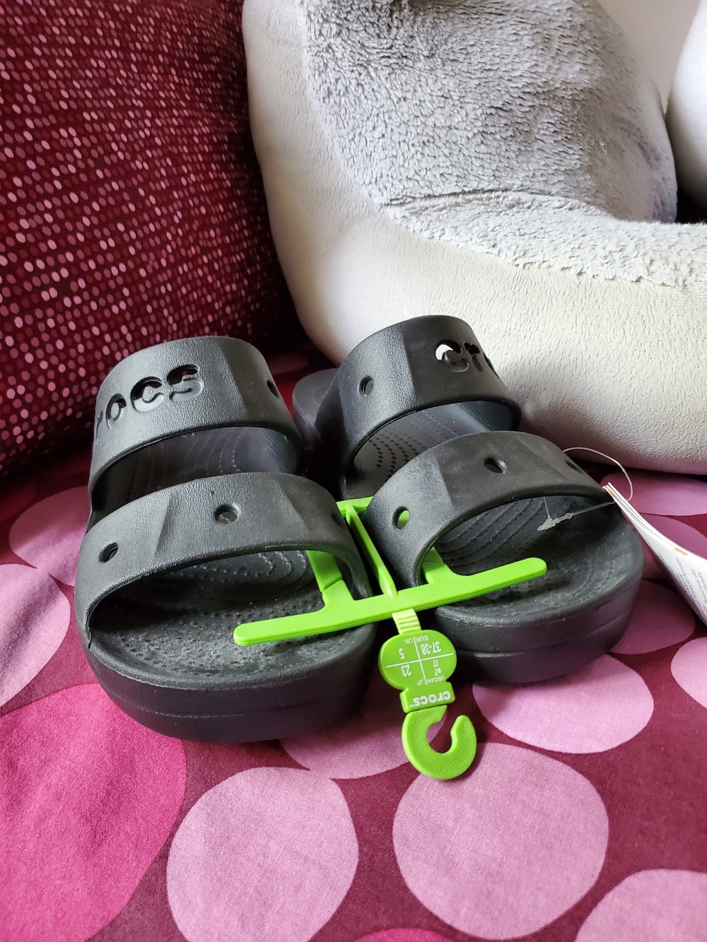 CROCS Black Slide Sandals with Neon Green Tag